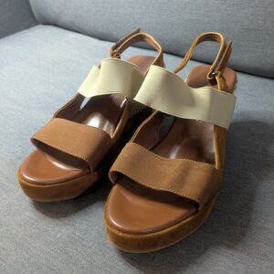 Aquatalia Marvin K Tan and Brown Suede Platform Wedges Sandals Size 9